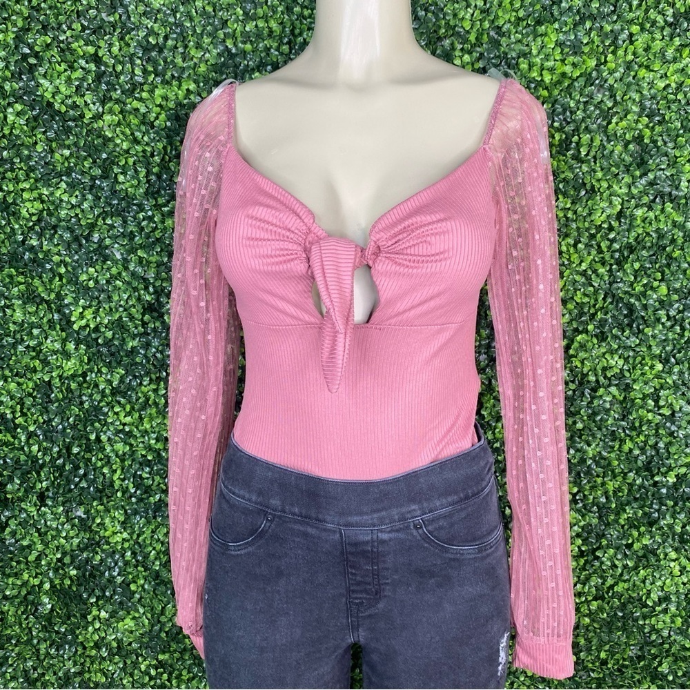Mauve pink sheer sleeve ribbed body suit - Picture 3 of 9